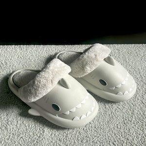 Grey Fuzzy Shark Slippers